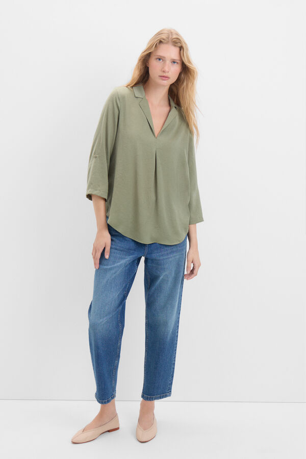 Cortefiel Blusa acetinada pescoço lapela Verde