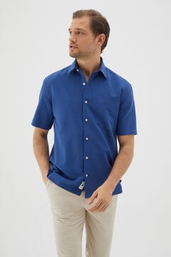 Cortefiel Plain short-sleeved linen shirt Blue