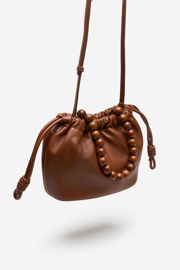 Cortefiel Gathered bag with wooden bead handle Brown