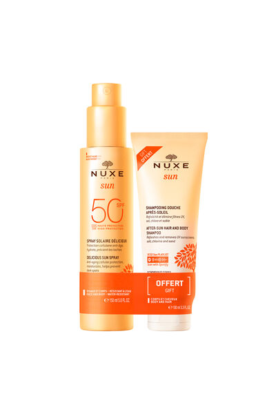 Cortefiel NUXE Sun Melting Spray Face and Body SPF 50+ After Sun Hair and Body Shampoo 100 ml AS A GIFT Orange