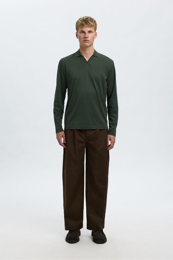 Selected Polo manga larga de algodón orgánico Verde oscuro