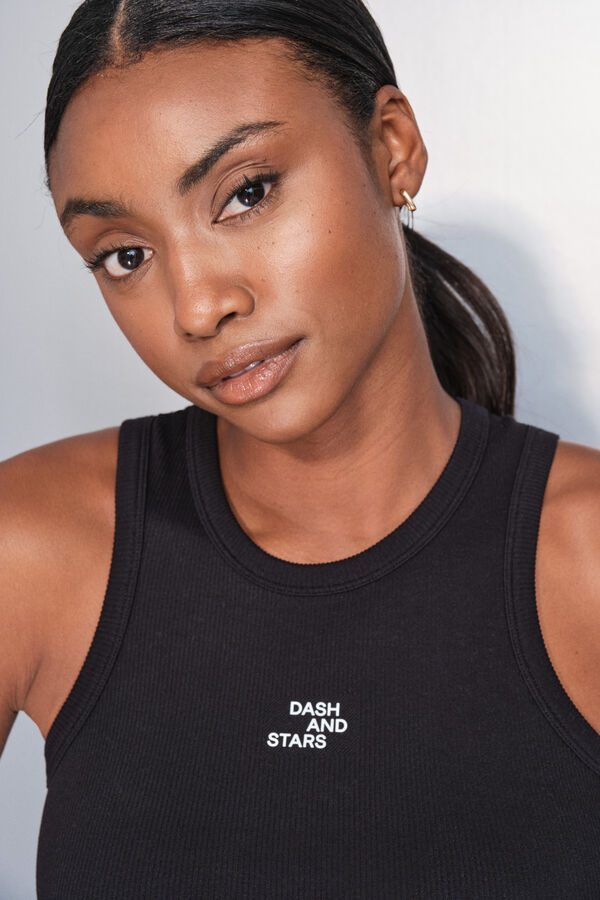 Dash and Stars T-shirt halter preto de algodão canelado preto