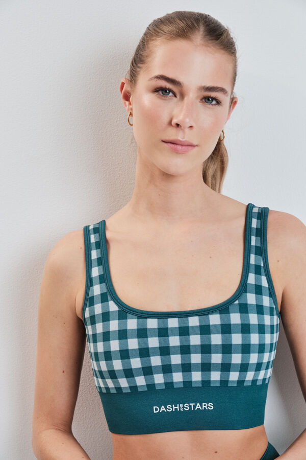 Dash and Stars Blue gingham SEAMLESS COMFORT sports bra green