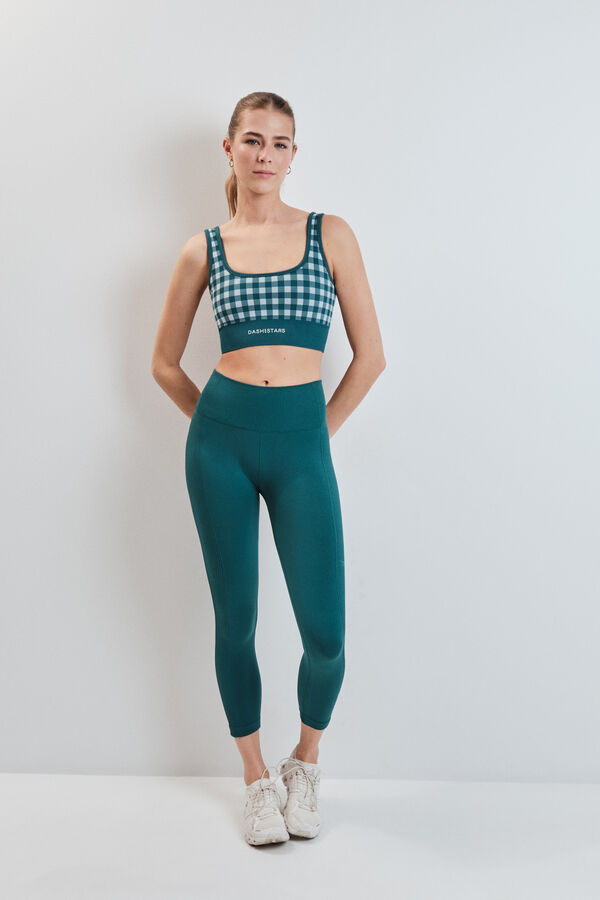 Dash and Stars Blue gingham SEAMLESS COMFORT sports bra green