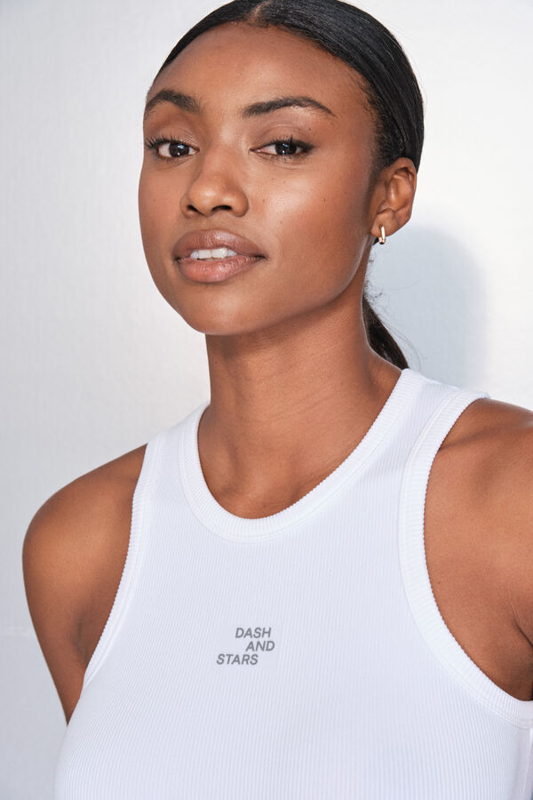 Dash and Stars T-shirt halter de algodão canelado branco beige
