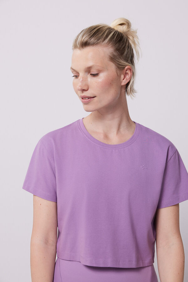 Dash and Stars Purple short-sleeved cropped T-shirt printed