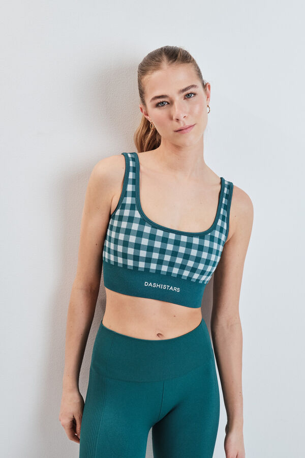Dash and Stars Blue gingham SEAMLESS COMFORT sports bra green