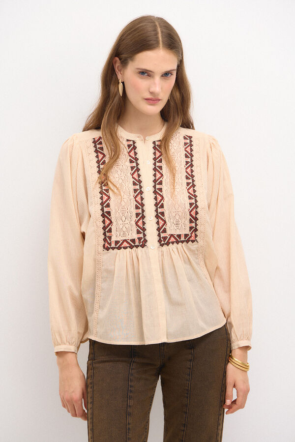 Hoss Intropia Clementina. Embroidered striped blouse. Ivory