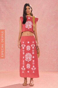 Hoss Intropia Romilda. Embroidered wrap skirt. Coral