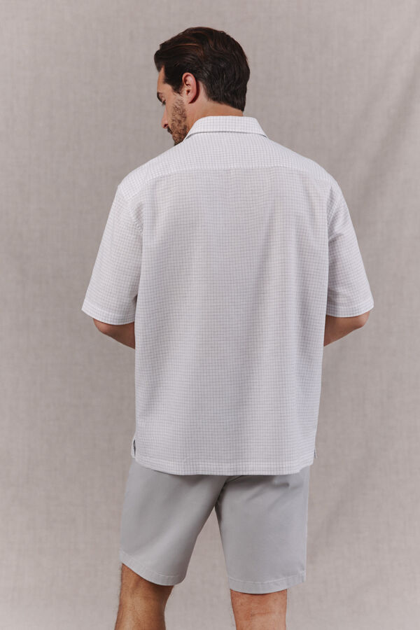 OOTO Camisa em algod&atilde;o e linho com padr&atilde;o xadrez de manga curta Branco
