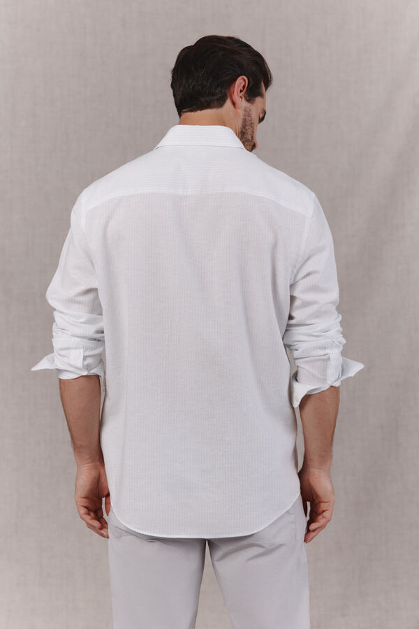 OOTO Camisa em algod&atilde;o e linho &agrave;s riscas de manga comprida Branco