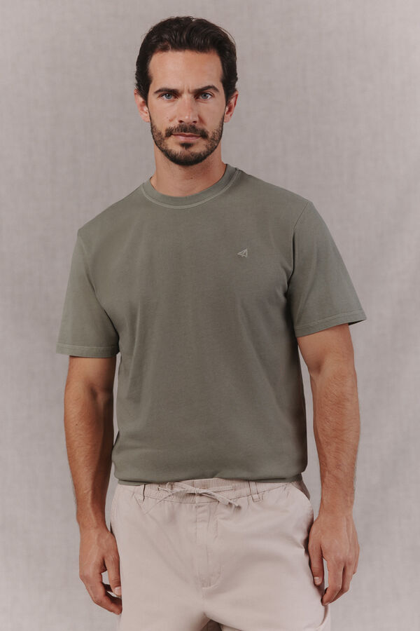OOTO T-shirt b&aacute;sica lavagem desbotada com bordado avi&atilde;o Verde