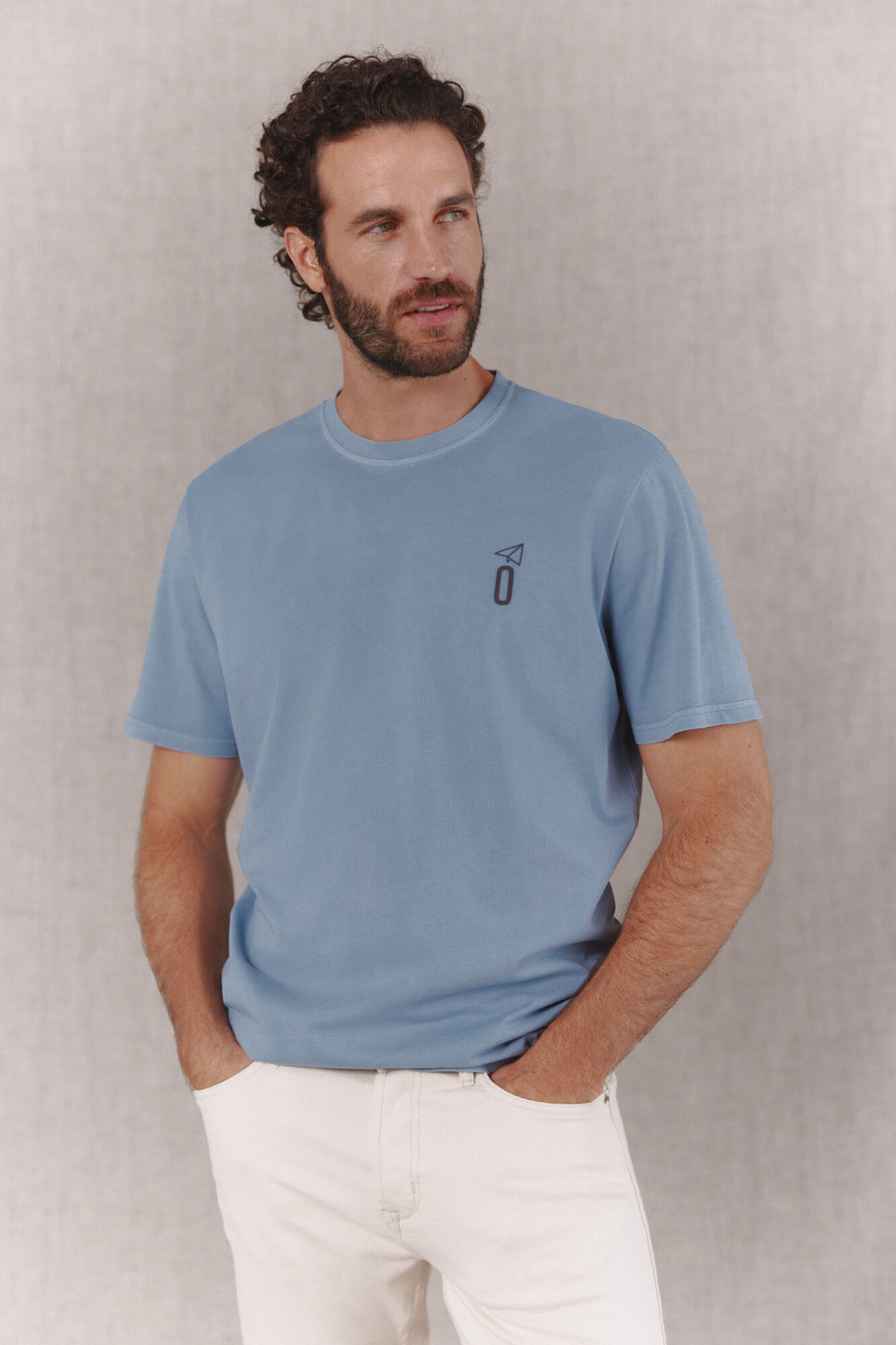 OOTO T-shirt b&aacute;sica lavagem desbotada com estampado Azul