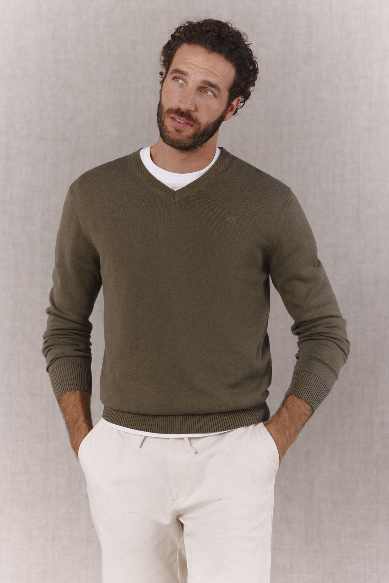 OOTO Camisola de algod&atilde;o b&aacute;sica com decote em bico