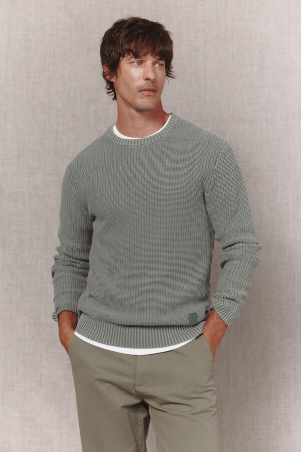 OOTO Round neck washed cotton purl knit jumper Kaki