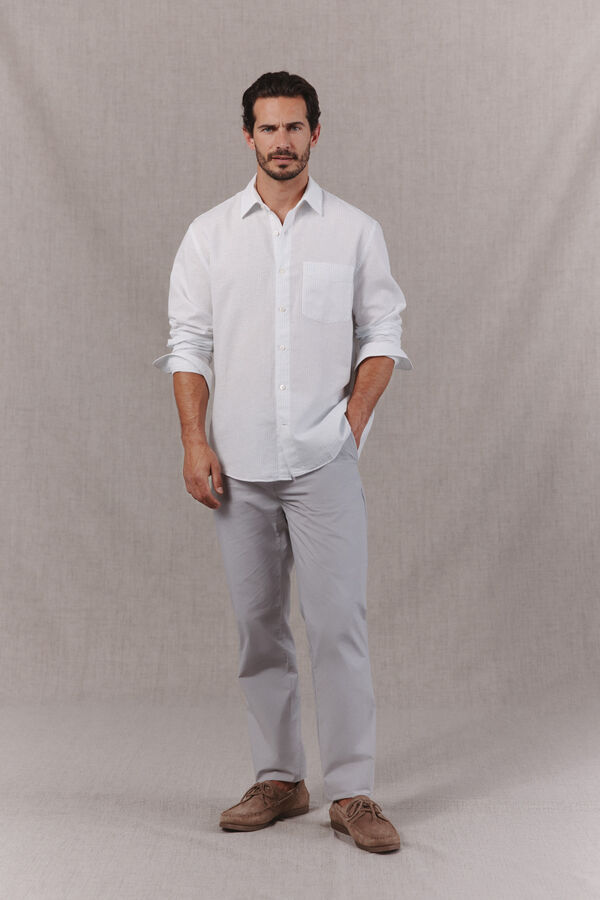 OOTO Camisa em algod&atilde;o e linho &agrave;s riscas de manga comprida Branco