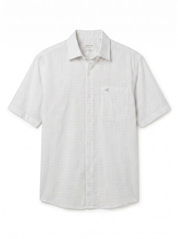 OOTO Camisa em algod&atilde;o e linho com padr&atilde;o xadrez de manga curta Branco