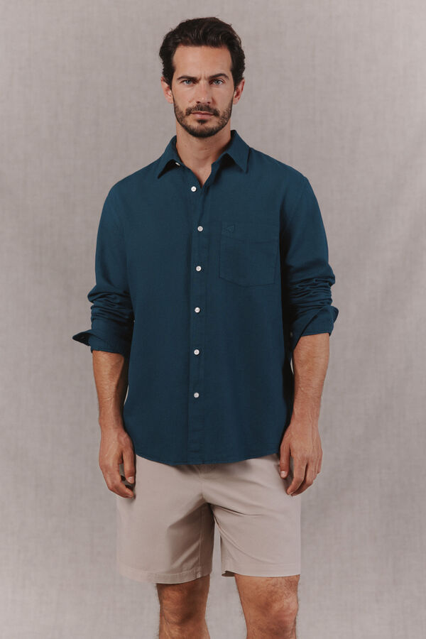 OOTO Camisa em algod&atilde;o e linho lisa de manga comprida Azul