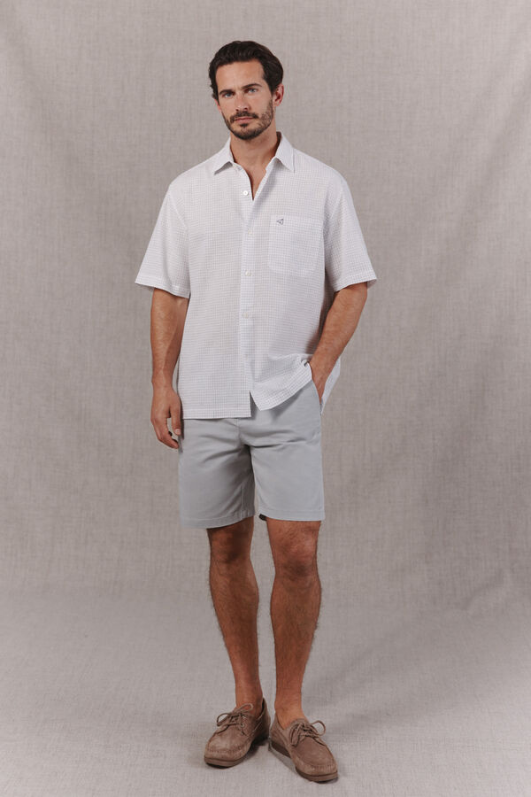 OOTO Camisa em algod&atilde;o e linho com padr&atilde;o xadrez de manga curta Branco