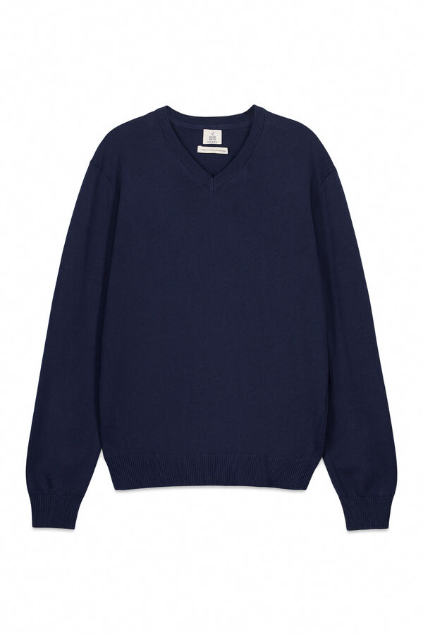OOTO Camisola de algod&atilde;o b&aacute;sica com decote em bico Azul