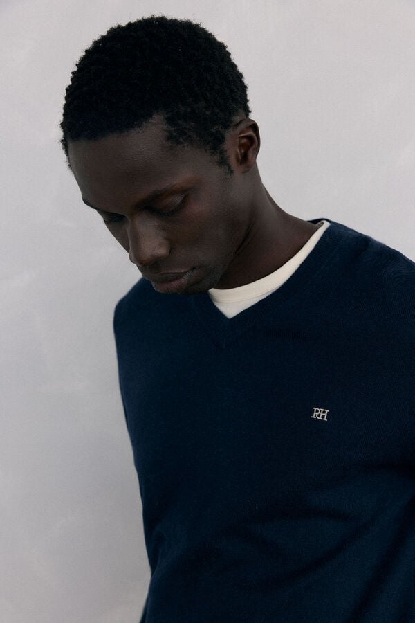 Pedro del Hierro Merino wool and cashmere V neck Blue