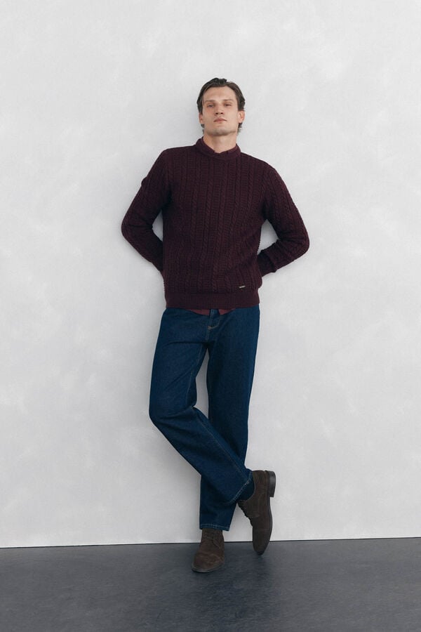 Pedro del Hierro Cable knit wool round neck jumper Burgundy