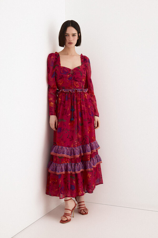 TFP by Tamara Falc&oacute; Vestido comprido estampado floral Vermelho