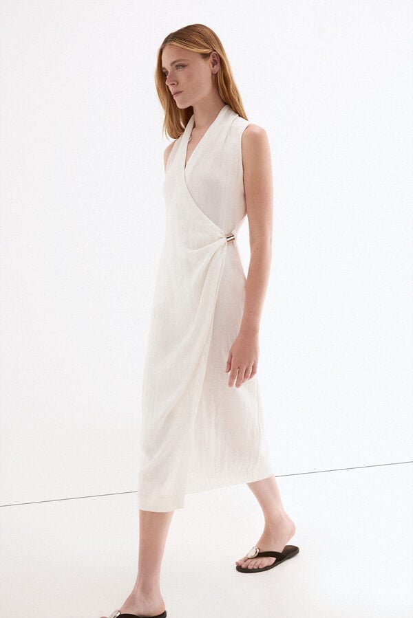 Pedro del Hierro Vestido efeito cruzado com pe&ccedil;a dourada Ecru
