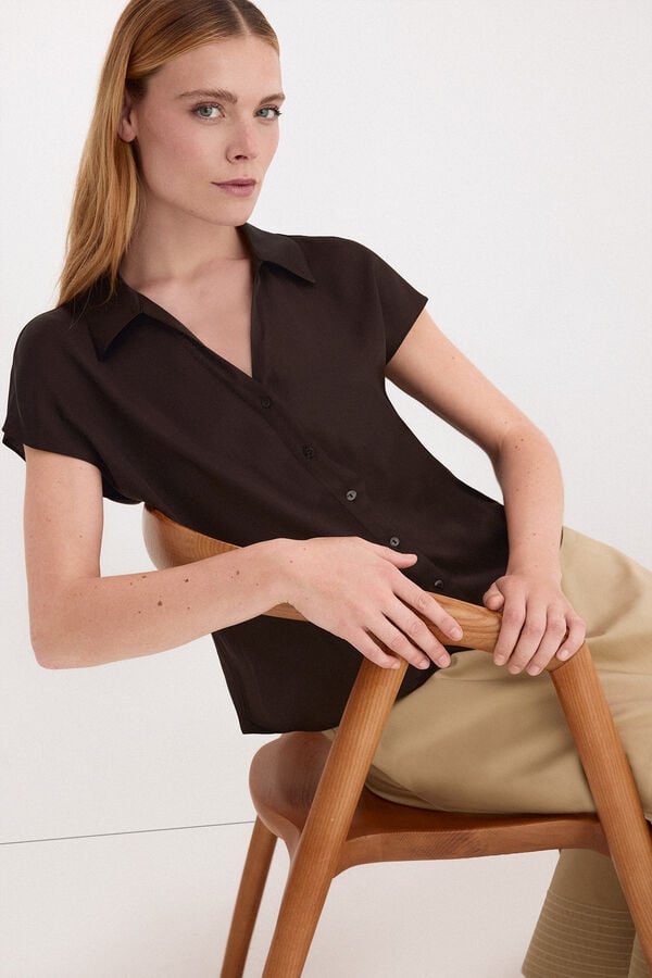 Pedro del Hierro Satin-finish short sleeve blouse Brown