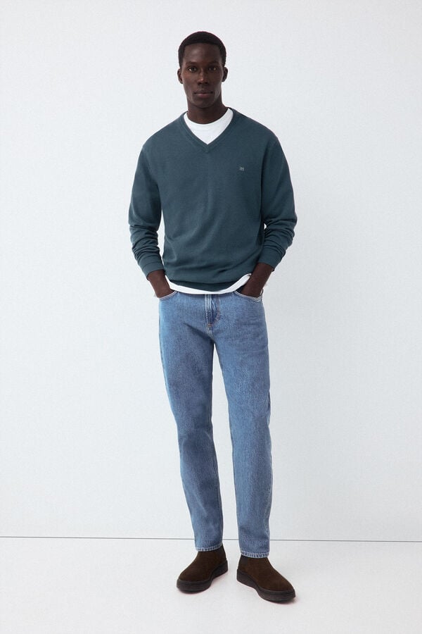 Pedro del Hierro Premium cotton fine knit V-neck jumper Green