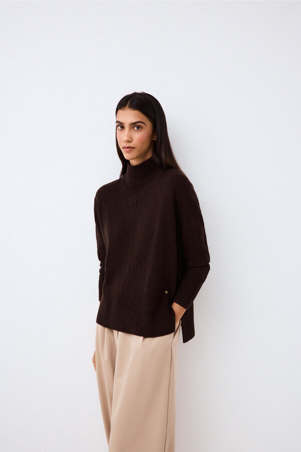 Pedro del Hierro Wool funnel neck jumper with central seam Brown