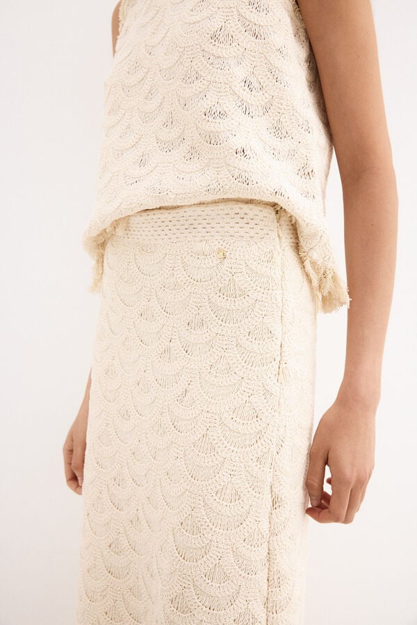 Pedro del Hierro Crochet midi straight skirt Beige