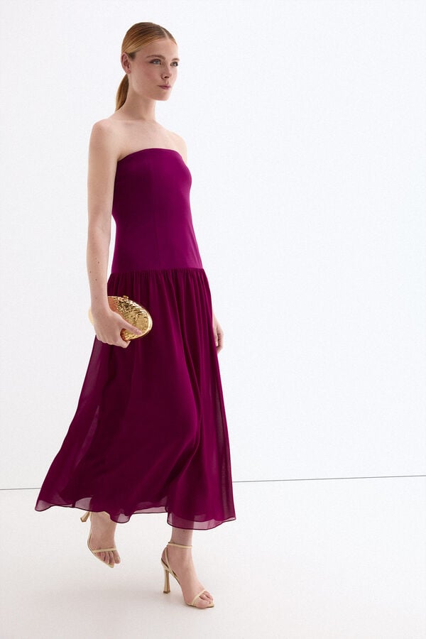 Pedro del Hierro Vestido palabra de honor con detalle de capa Morado