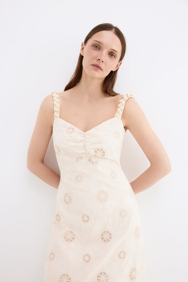Pedro del Hierro Embroidered cotton long dress Ecru