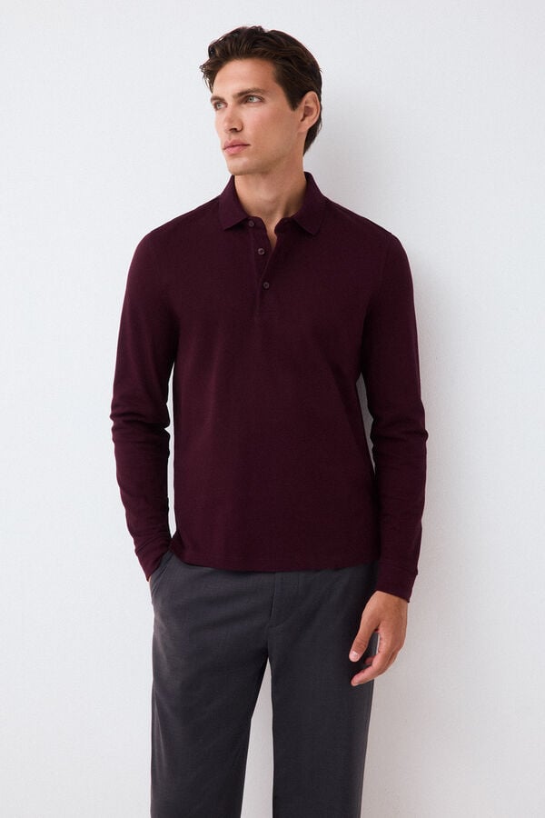 Pedro del Hierro Piqu&eacute; long sleeve polo shirt Burgundy