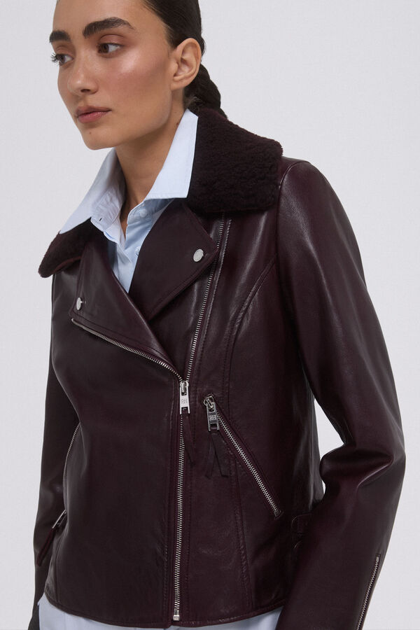 Pedro del Hierro Plum Perfecto Jacket with Fur Collars Burgundy