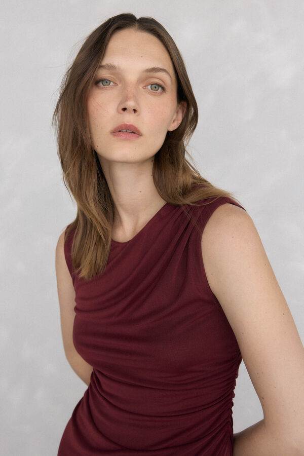 Pedro del Hierro Straight midi dress with tulle ruffles Burgundy