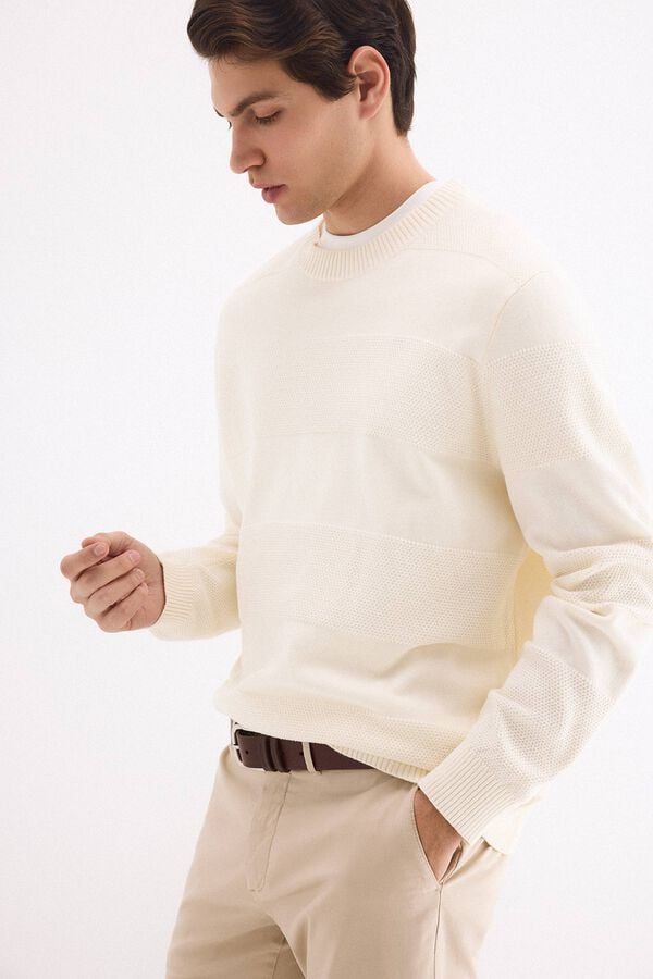 Pedro del Hierro Cotton textured round neck jumper Ecru