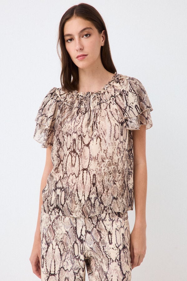 Pedro del Hierro Printed ruffle sleeve blouse Brown