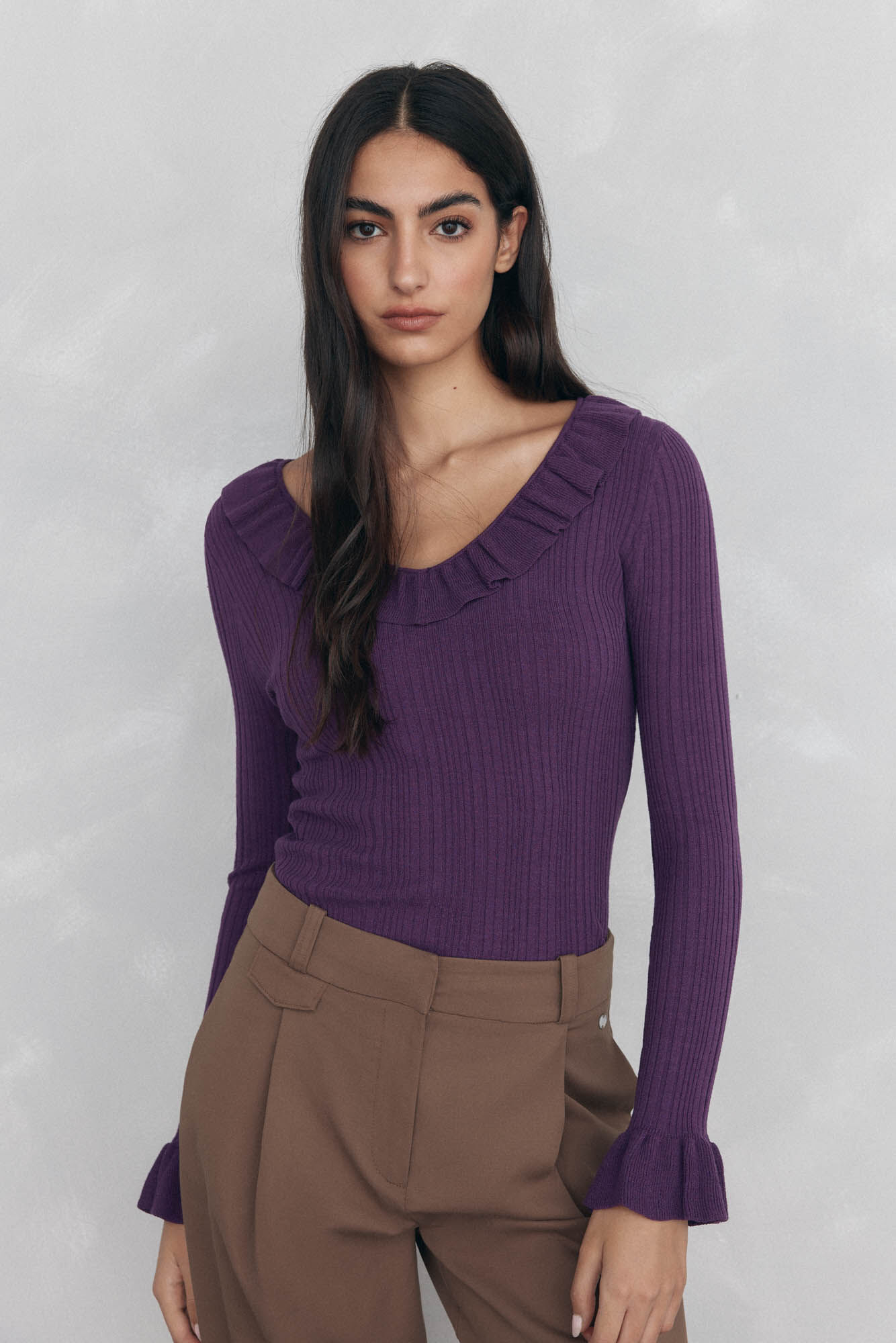 Pedro del Hierro Ribbed jersey-knit top with ruffle