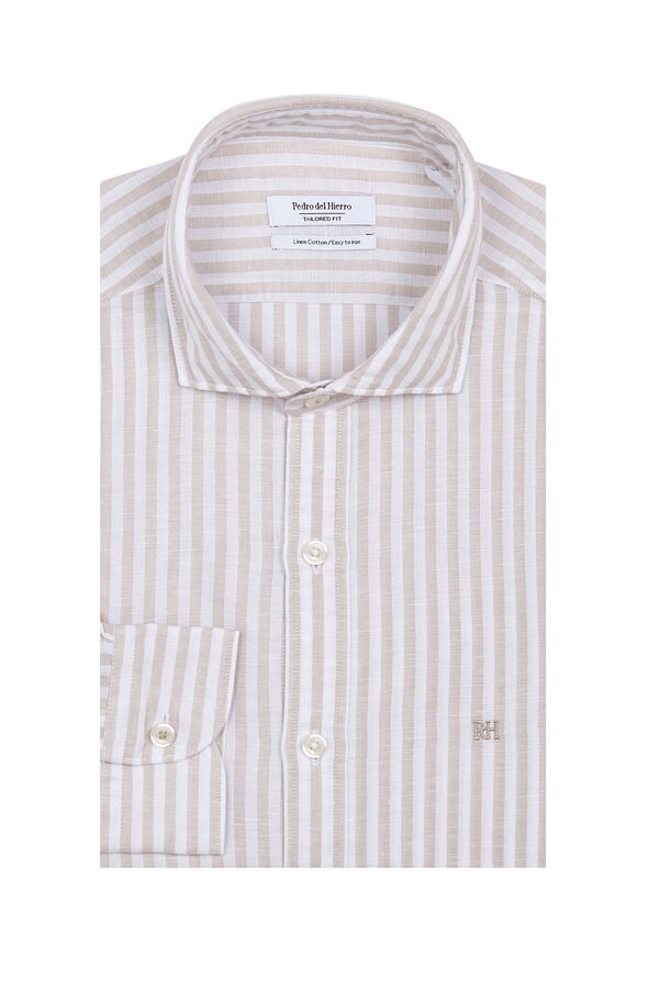 Pedro del Hierro Camisa de vestir rayas lino f&aacute;cil plancha Beige