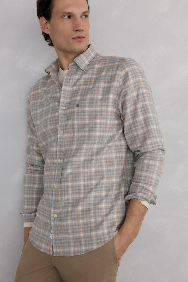 Pedro del Hierro Checkered flannel shirt Italian fabric Beige
