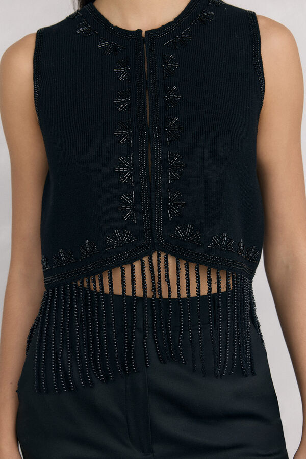 Pedro del Hierro Jersey-knit vest with embroidered fringes Black