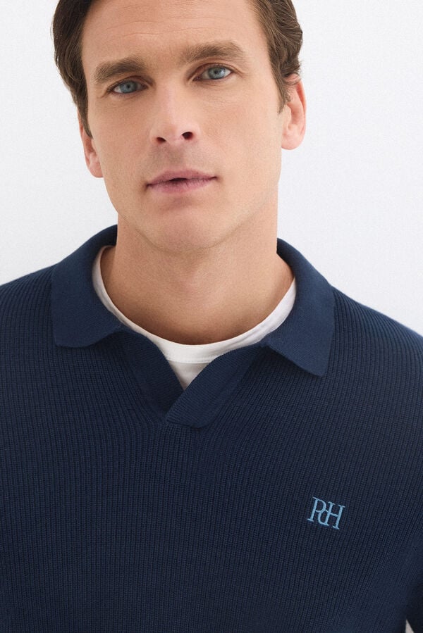 Pedro del Hierro Camisola polo manga comprida em algod&atilde;o canelado Azul