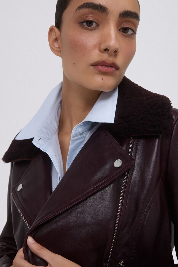 Pedro del Hierro Plum Perfecto Jacket with Fur Collars Burgundy