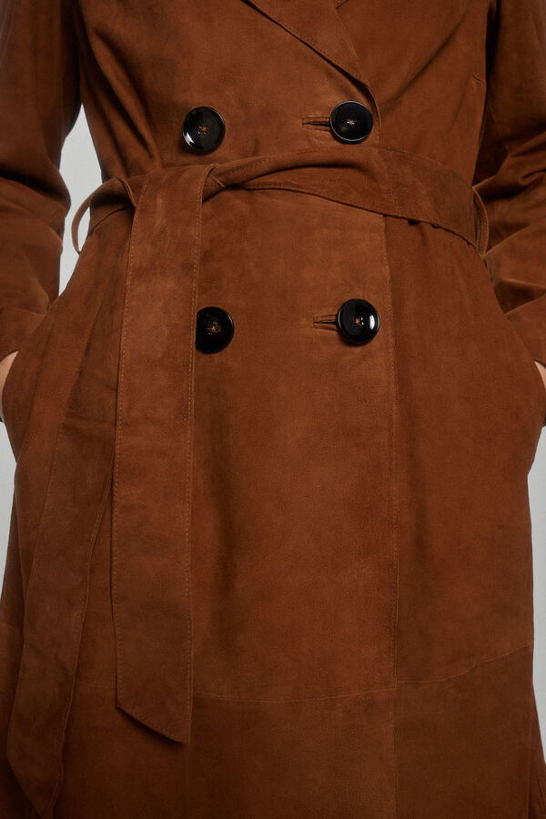 Pedro del Hierro Long suede buttoned trench coat Beige