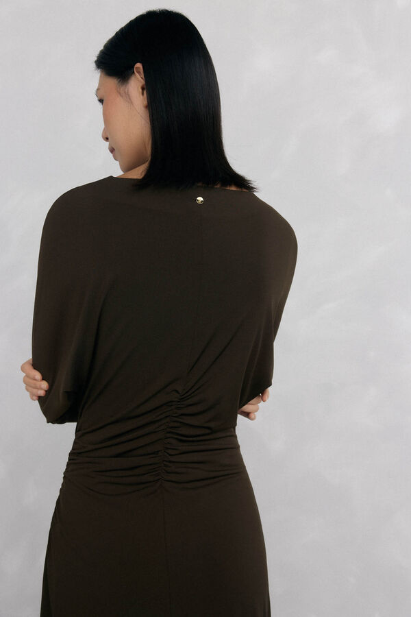 Pedro del Hierro long sleeve jersey-knit midi dress with gathered knit Brown