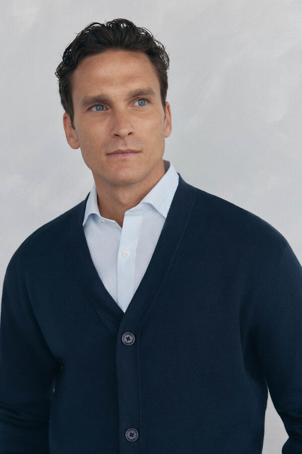 Pedro del Hierro Cotton knit jersey-knit with V neck and buttons Blue