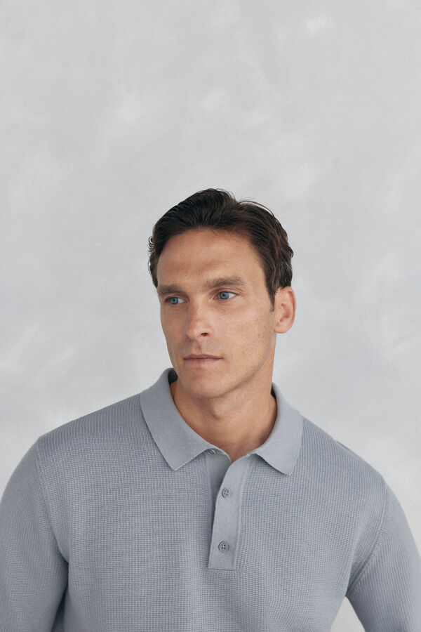 Pedro del Hierro Fine knit structured polo shirt neck jersey-knit  Grey