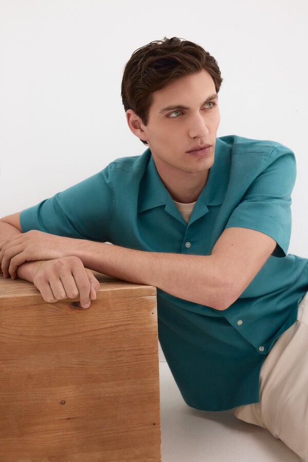 Pedro del Hierro Linen cotton short sleeve shirt Turquoise